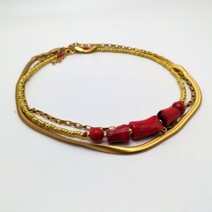 Elegant 18k Gold and Red Coral Layered Necklace Set